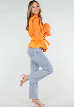 Oranje Kant Top met Col en Uitlopende Lange Mouwen