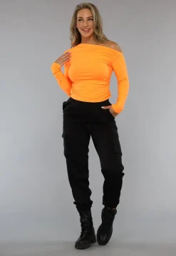 Oranje Longsleeve Top met Geplooid Effect
