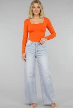 Oranje Longsleeve Top met Vierkante Hals