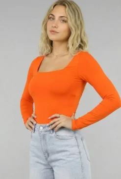 Oranje Longsleeve Top met Vierkante Hals
