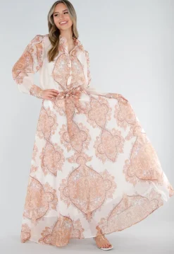 Oranje Maxi Rok met Paisley Print en Strikceintuur