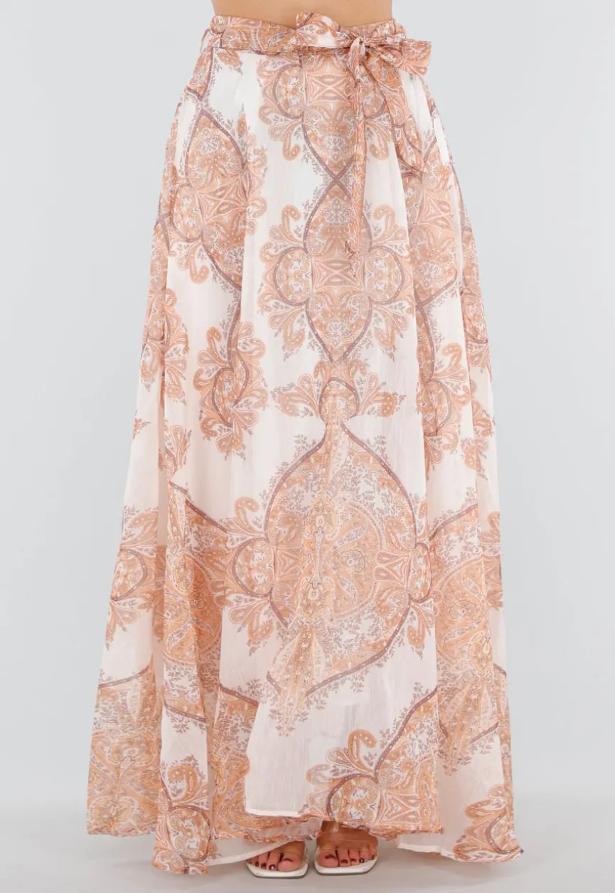 Oranje Maxi Rok met Paisley Print en Strikceintuur