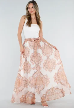 Oranje Maxi Rok met Paisley Print en Strikceintuur