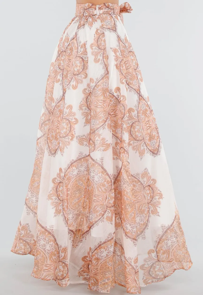 Oranje Maxi Rok met Paisley Print en Strikceintuur