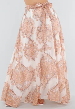 Oranje Maxi Rok met Paisley Print en Strikceintuur