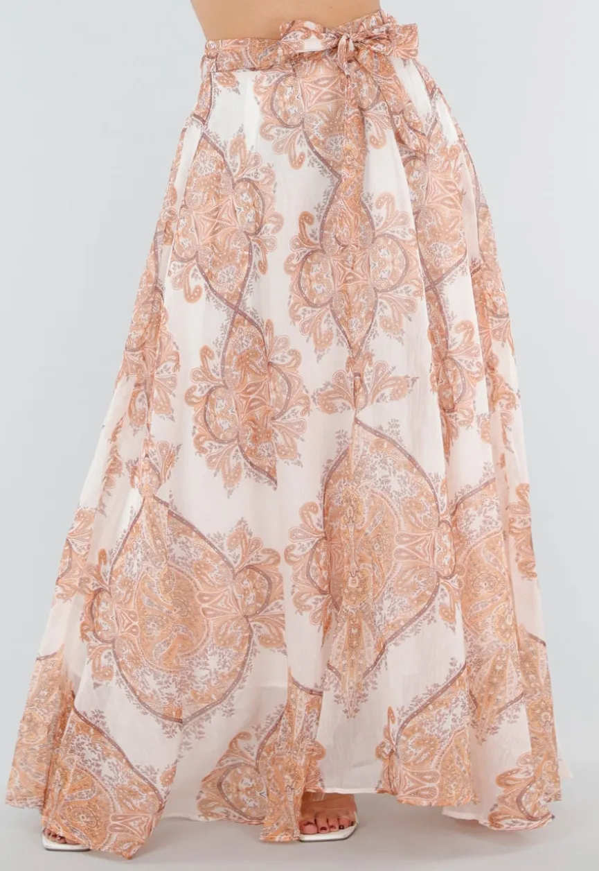 Oranje Maxi Rok met Paisley Print en Strikceintuur