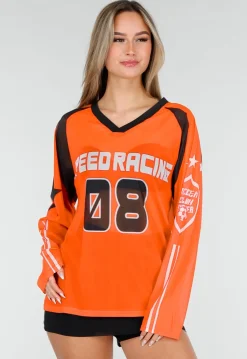 Oranje Mesh Jersey Top met Lange Mouwen