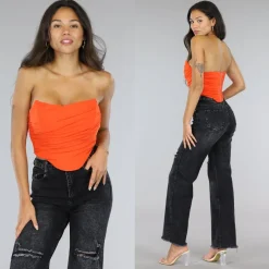 Oranje Mesh Korset Top met Gedrapeerd Detail