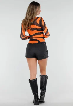Oranje Mesh Top met Zebraprint en Lange Mouwen