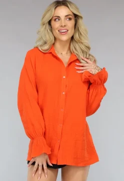 Oranje Mousseline Blouse met Trompetmouwen