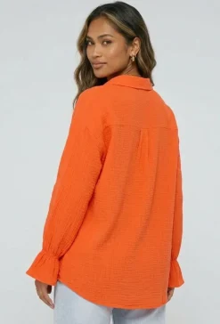 Oranje Mousseline Blouse met Trompetmouwen