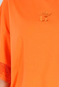 Oranje Oversized T-Shirt met Borduursel en Kanten Mouwen