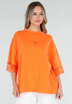 Oranje Oversized T-Shirt met Borduursel en Kanten Mouwen