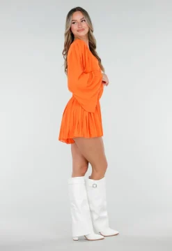 Oranje Playsuit met Lange Mouwen, V Hals en Geplooide Onderkant