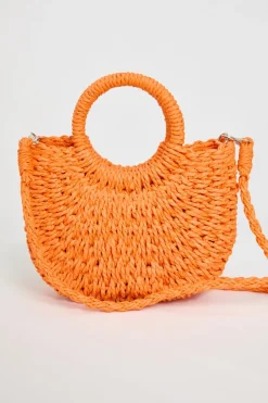 Oranje Raffia Handtas met Rond Handvat en Schouderband