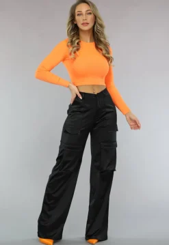 Oranje Ribstof Crop Top met Lange Mouwen