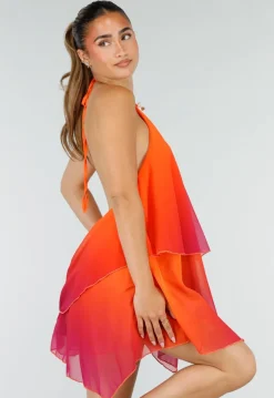 Oranje Roze Ombre Halter Jurk met Open Rug