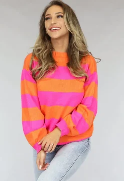 Oranje/Roze Trui met Horizontale Strepen