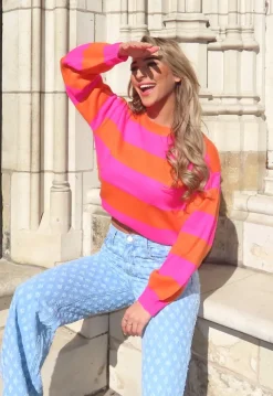 Oranje/Roze Trui met Horizontale Strepen