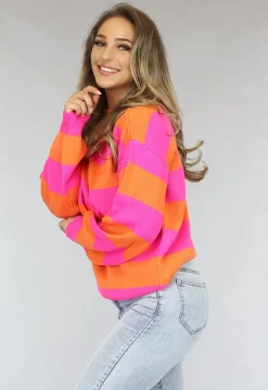 Oranje/Roze Trui met Horizontale Strepen