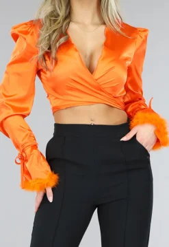 Oranje Satin Wikkel Top met Veertjes