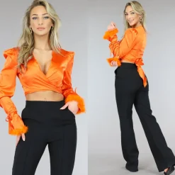 Oranje Satin Wikkel Top met Veertjes