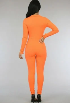 Oranje Stretch Rib Jumpsuit met Rits