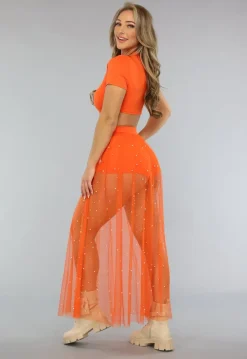 Oranje Three Piece Set met Parel Rok