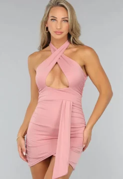 Oudroze Halter Jurk met Cutout