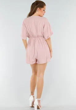 Oudroze Playsuit met Linnenlook en Overslag V-Hals