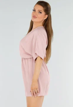Oudroze Playsuit met Linnenlook en Overslag V-Hals