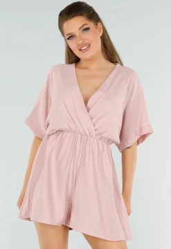 Oudroze Playsuit met Linnenlook en Overslag V-Hals
