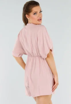 Oudroze Playsuit met Linnenlook en Overslag V-Hals