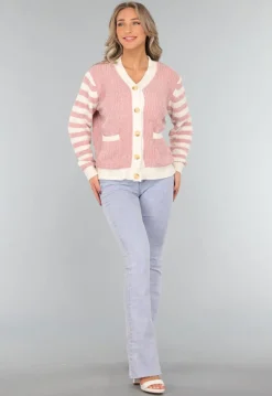 Oudroze Vest met Gestreepte Mouwen