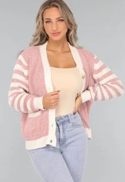 Oudroze Vest met Gestreepte Mouwen
