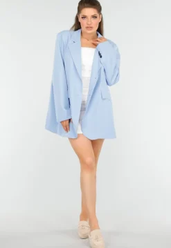 Oversized Lichtblauwe Blazer met Sierzakken en Zwarte Knopen