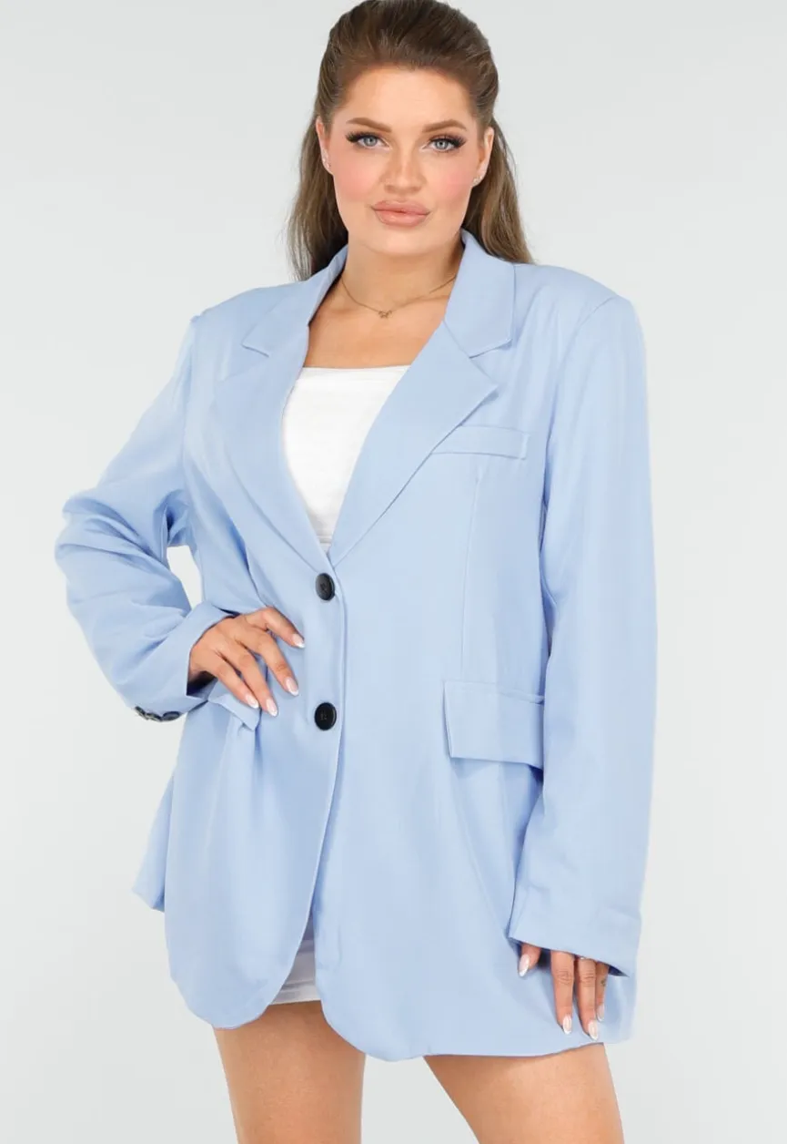Oversized Lichtblauwe Blazer met Sierzakken en Zwarte Knopen