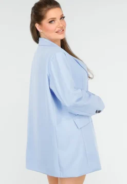 Oversized Lichtblauwe Blazer met Sierzakken en Zwarte Knopen