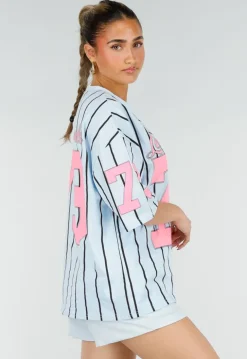Oversized Lichtblauw Jersey Shirt met Roze Print en Strepen