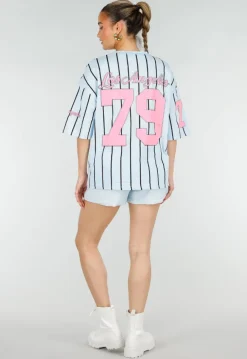 Oversized Lichtblauw Jersey Shirt met Roze Print en Strepen