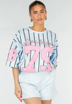 Oversized Lichtblauw Jersey Shirt met Roze Print en Strepen