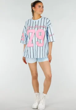 Oversized Lichtblauw Jersey Shirt met Roze Print en Strepen