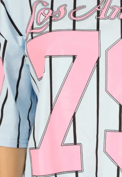 Oversized Lichtblauw Jersey Shirt met Roze Print en Strepen
