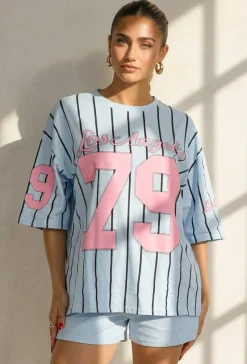 Oversized Lichtblauw Jersey Shirt met Roze Print en Strepen