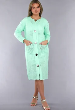 Oversized Mintgroen Gebreid Vest met Knopen en Zakken