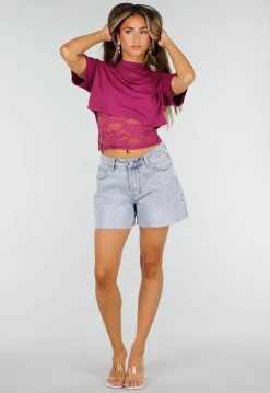 Paarse Crop Top met Kanten Taille en Korte Mouwen