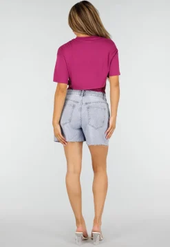 Paarse Crop Top met Kanten Taille en Korte Mouwen