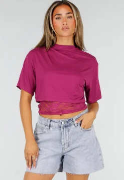 Paarse Crop Top met Kanten Taille en Korte Mouwen