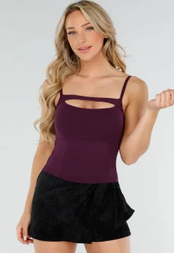 Paarse Cut-Out Top met Spaghetti Bandjes en Stretchmateriaal