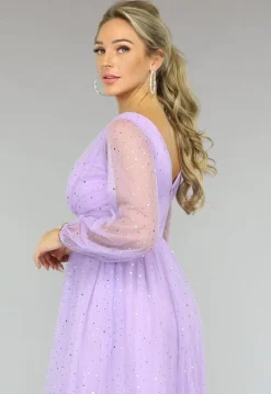 Paarse Glitter Maxi Jurk met Mesh Mouwen